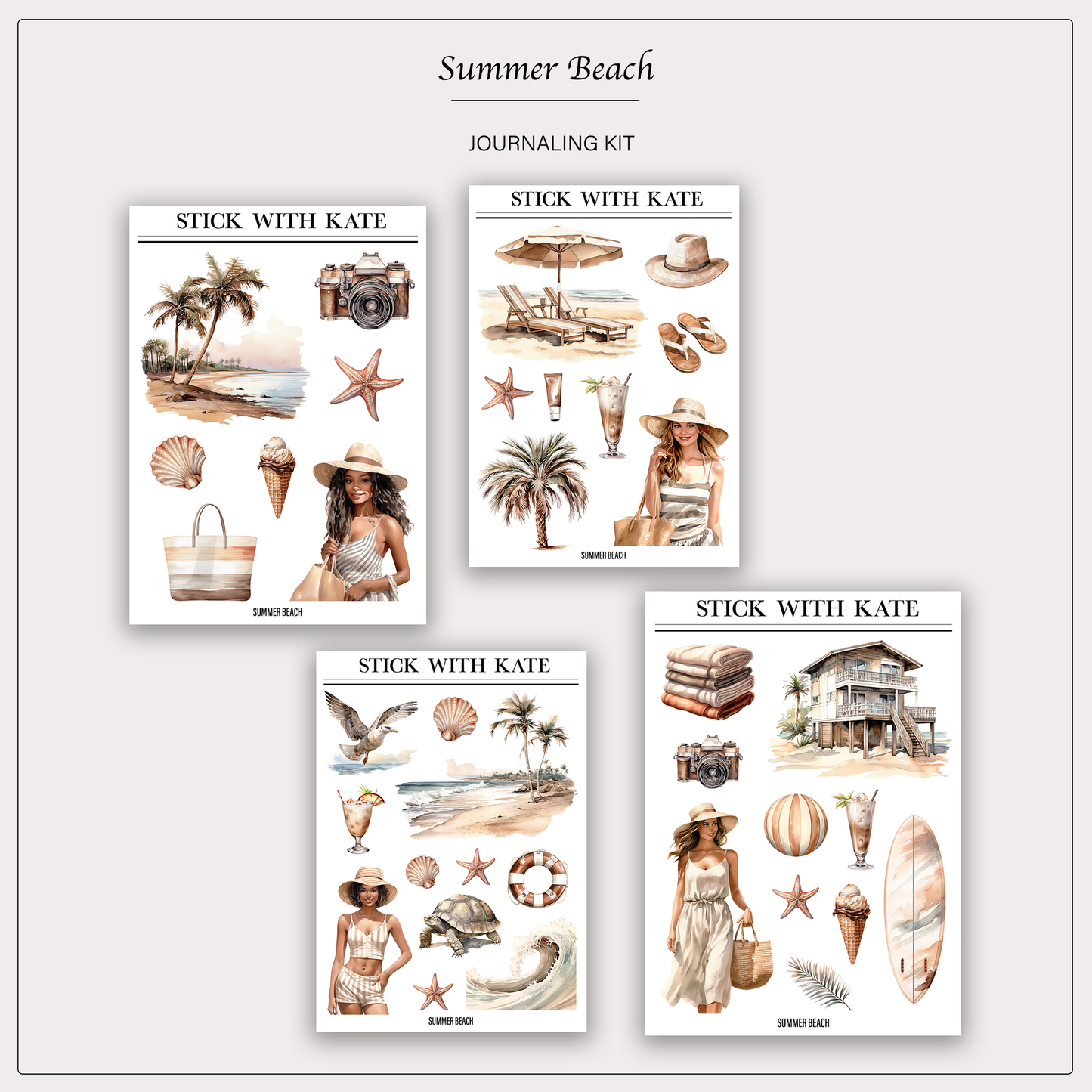 Summer Beach Journaling Sticker Kit | Set of 4 Sticker Sheets