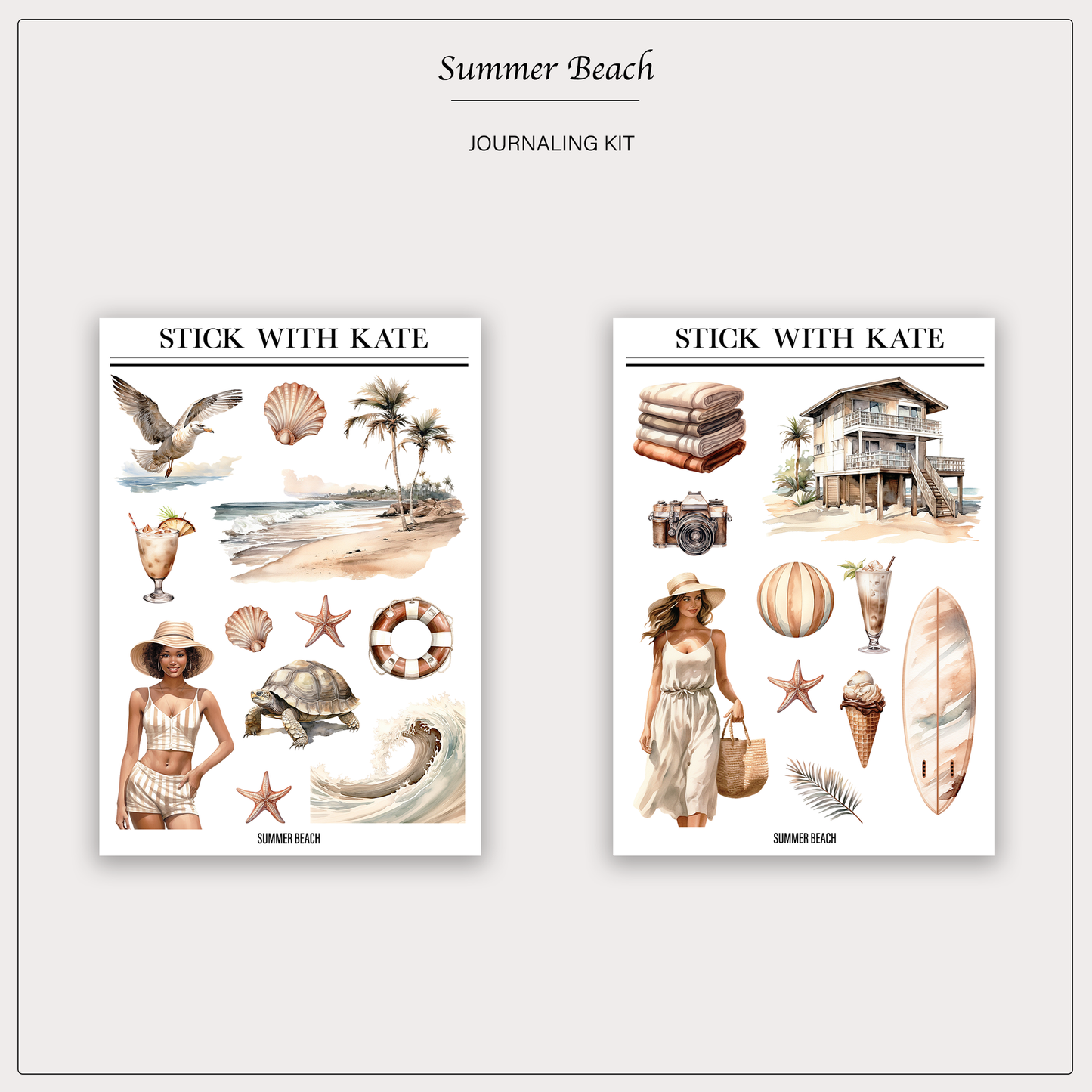 Summer Beach Journaling Sticker Kit | Set of 4 Sticker Sheets
